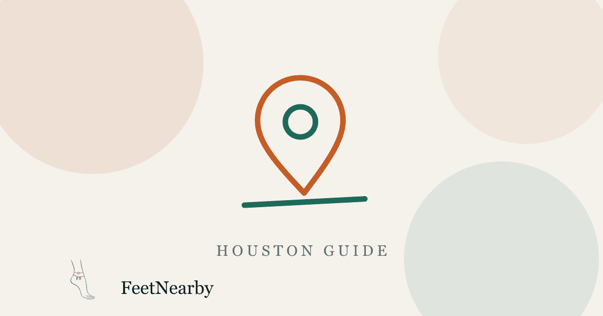 Illustrated card with a line-drawn map pin — Houston guide — FeetNearby blog