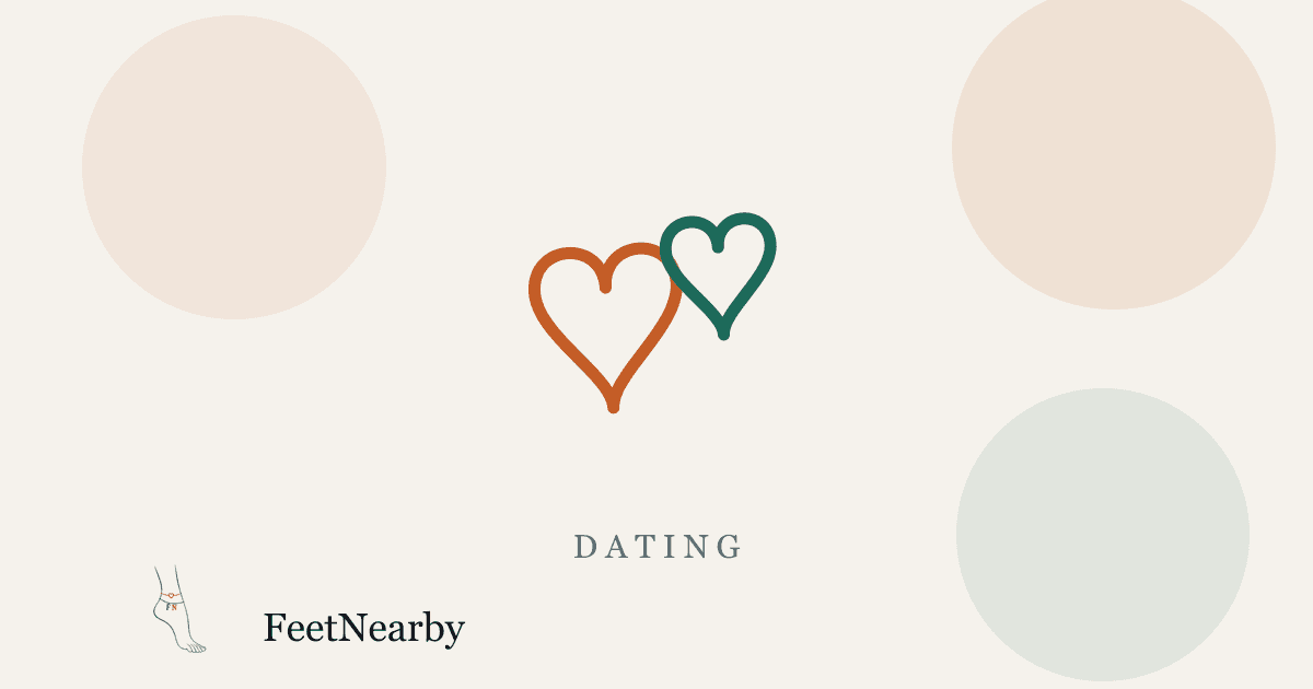 Illustrated card with two line-drawn interlocking hearts in orange and teal — FeetNearby Dating guide
