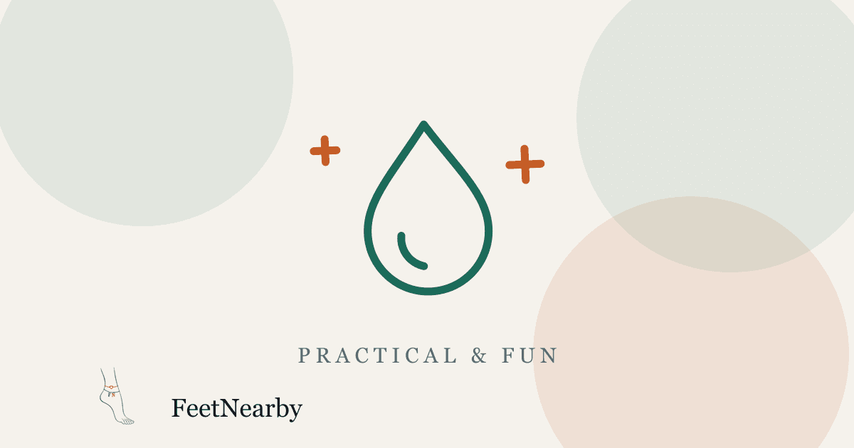 Illustrated card with a line-drawn oil droplet and sparkles in teal and orange — FeetNearby Practical guide