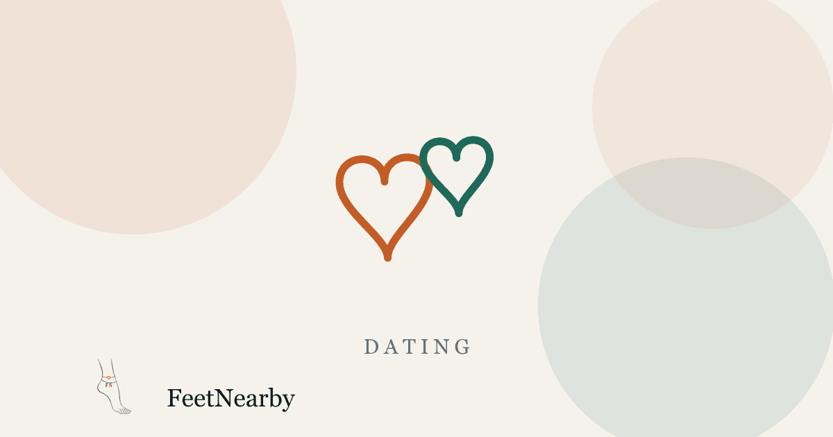 Illustrated card with two line-drawn interlocking hearts in orange and teal — FeetNearby Dating guide