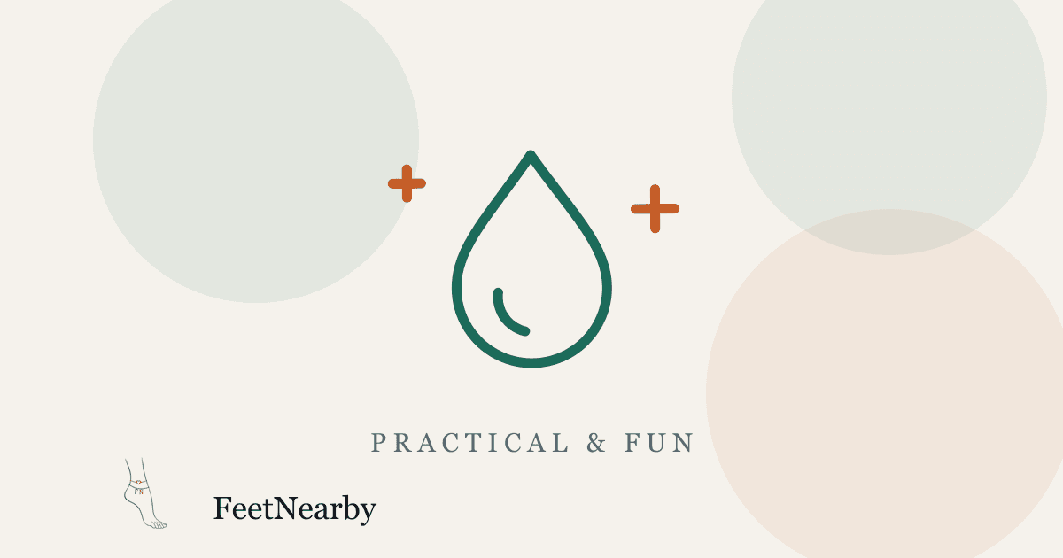 Illustrated card with a line-drawn oil droplet and sparkles in teal and orange — FeetNearby Practical guide