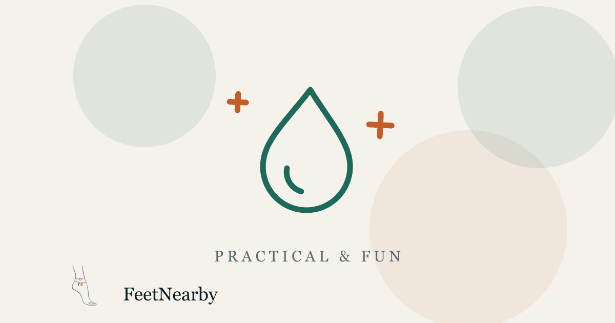 Illustrated card with a line-drawn oil droplet and sparkles in teal and orange — FeetNearby Practical guide